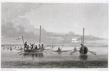Eskimaux kommen auf die Boote in der Shoalwater Bay zu, 7. Juli 1826, aus 